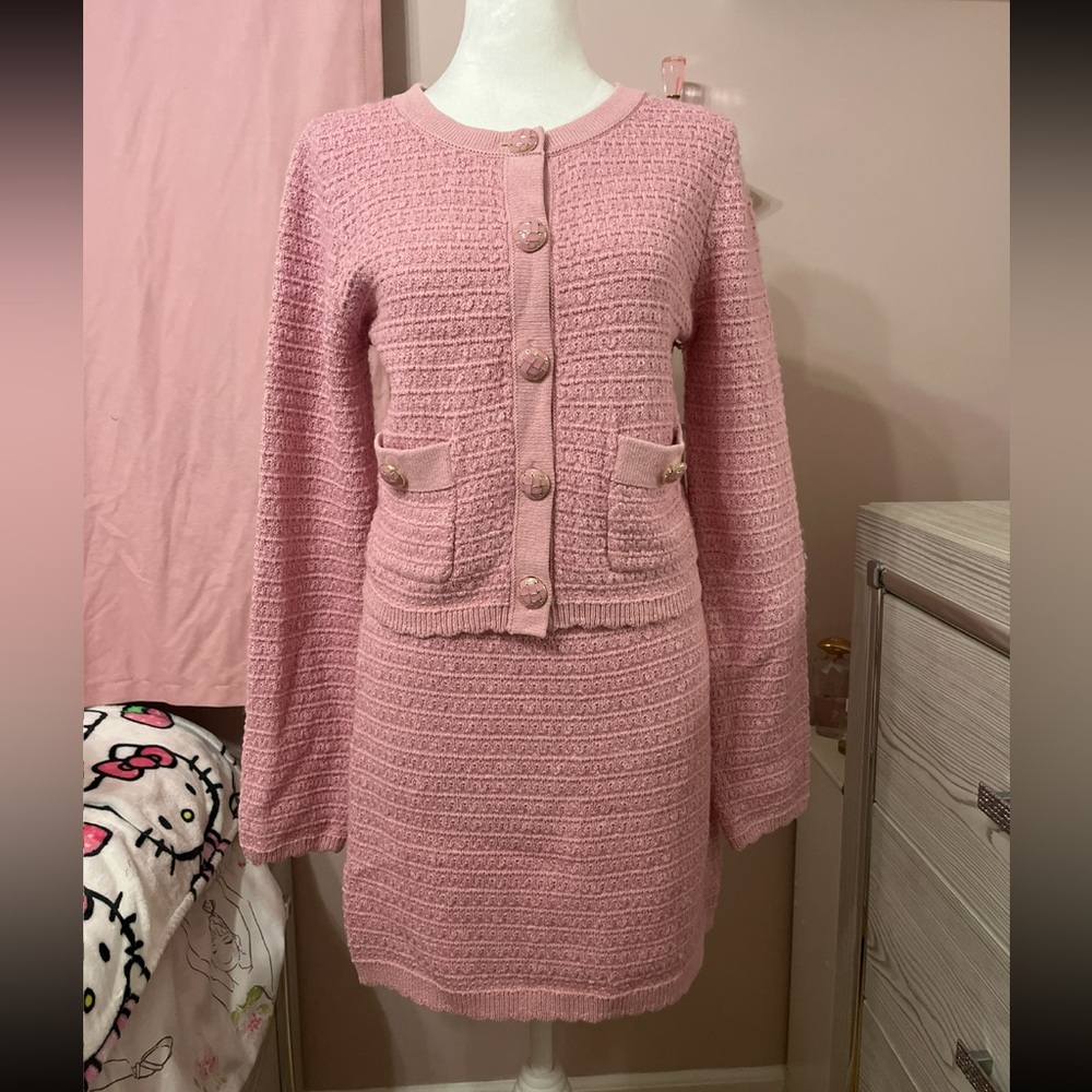 Pink Textured Knit Cardigan and Skirt Set